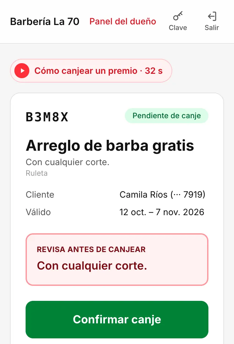 Pantalla del empleado para confirmar el canje