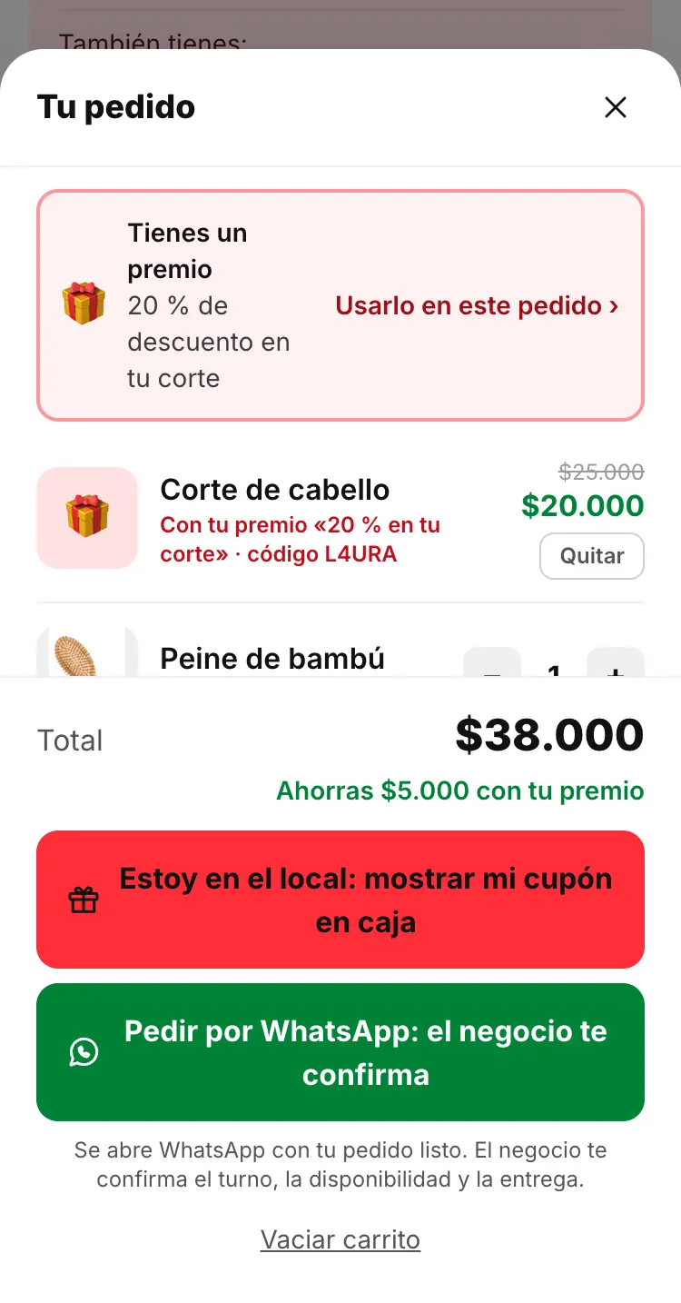 El pedido con el premio aplicado y lo que ahorra el cliente