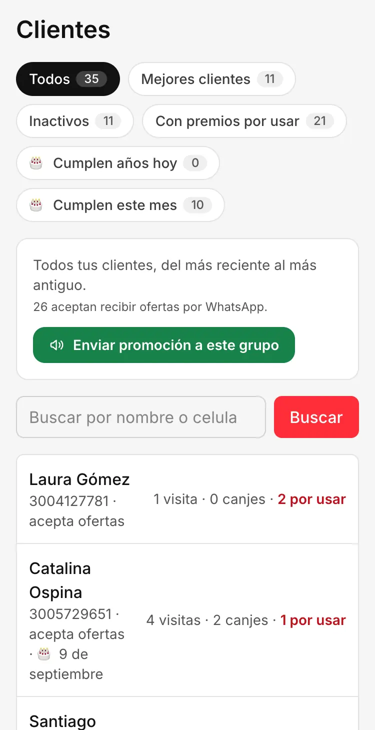 La lista de clientes con grupos: mejores clientes, inactivos y cumpleaños