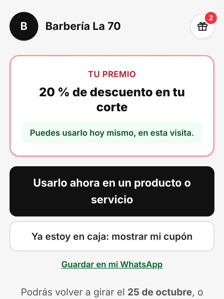 Pantalla del cliente con el premio ganado